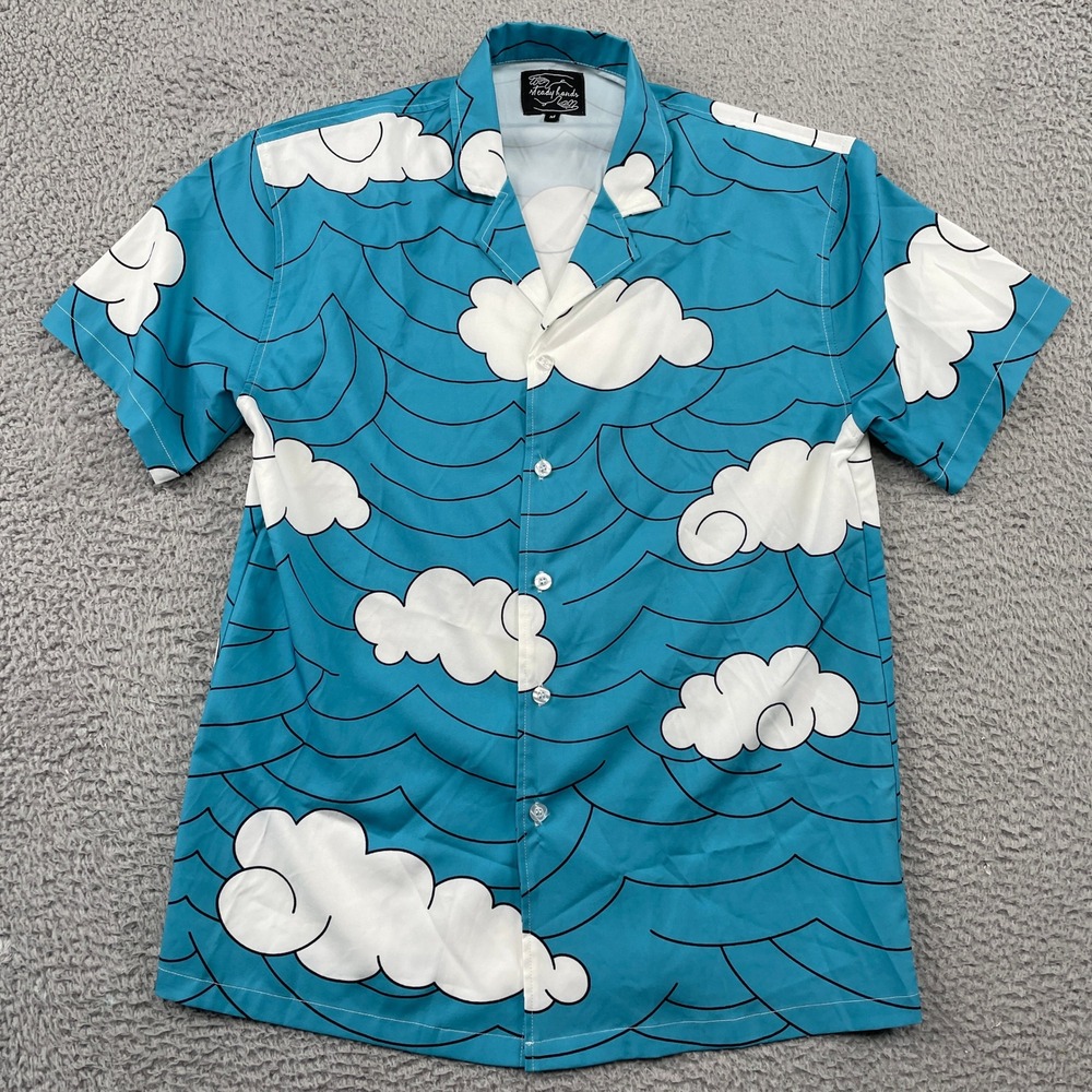 Steady Hands Button Down Shirt Mens Medium Blue Cloud Wave Rayon Camp Collar Top
